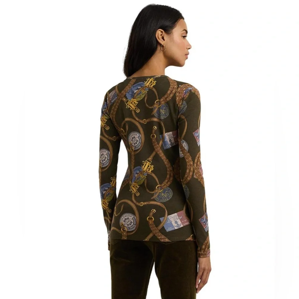 NWT LAUREN RALPH LAUREN Belting-Print Long-Sleeve Cotton Tee Size PM - Picture 2 of 13